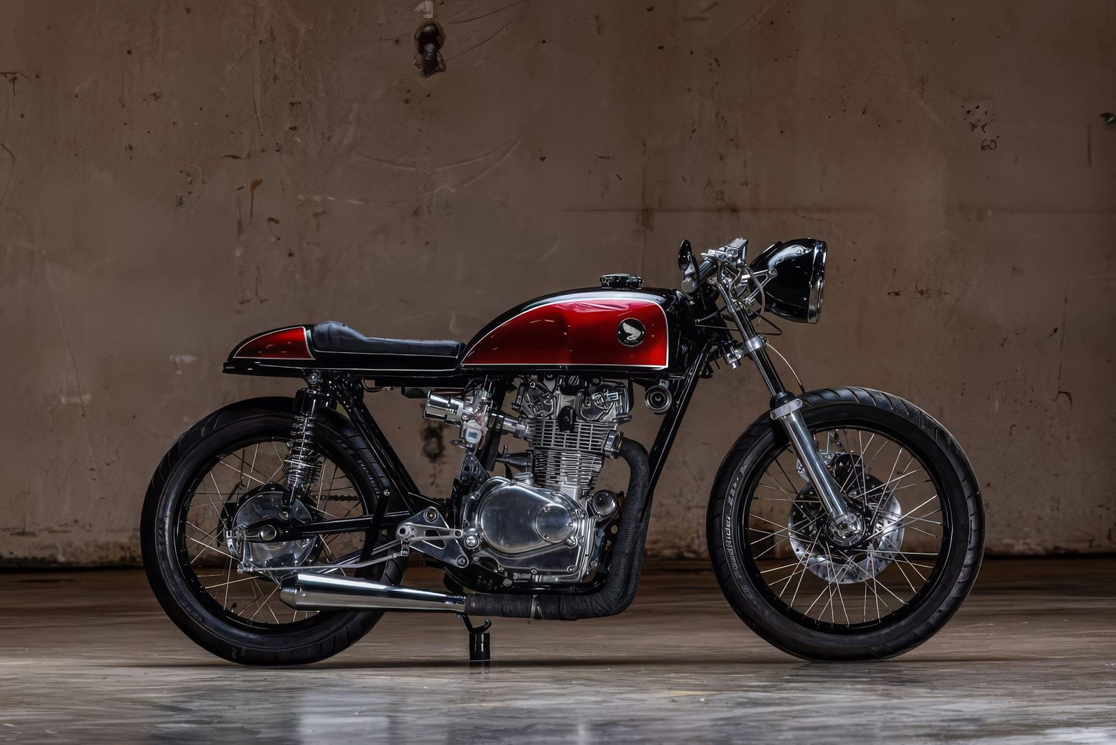 The Scarlet Witch — a hand-restored 1971 Honda CB450 café racer with a candy-red tank, photographed in a workshop